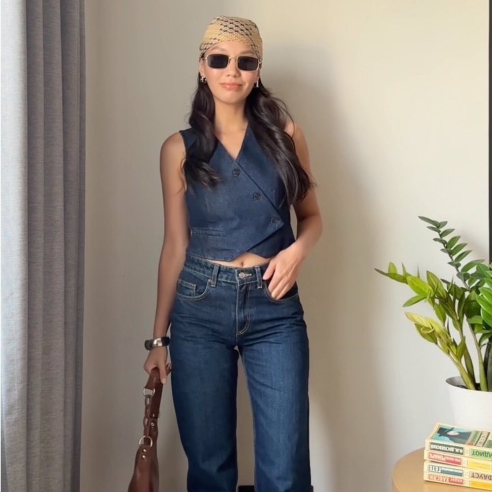 Zara Dark Indigo Double-Breasted Denim Vest
